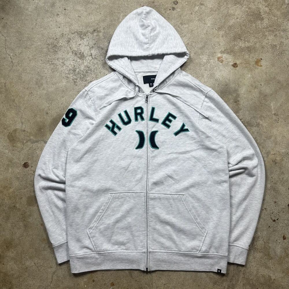 Y2K Light Grey Hurley Big Logo Spellout Zip Up Hoodie Size XL